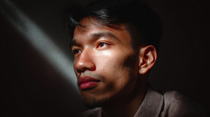 Obraz premium Young man face close up with dramatic lighting and thoughtful expression in dark background
