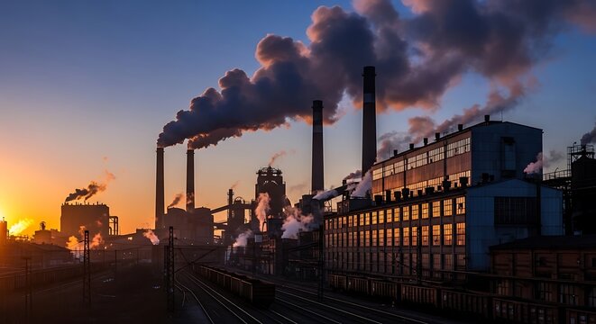 Industrial complex silhouetted against a vibrant sunrise, thick smoke billowing from factory chimneys, conveying a sense of industrial activity and potential environmental concerns.