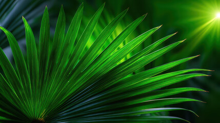 Obraz premium Green palm leaf with sunlight shining through, creating vibrant and fresh tropical atmosphere