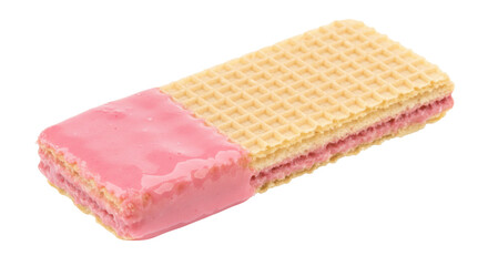 Strawberry wafer bar isolated on transparent background, sweet dessert snack with pink cream filling and coating, crispy treat