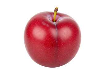 Ripe red plum isolated on transparent background, fresh fruit close-up for healthy eating and summer recipes