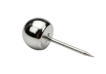 Silver push pin isolated on transparent background, metal tack with spherical head for office and school supplies