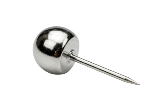 Silver push pin isolated on transparent background, metal tack with spherical head for office and school supplies