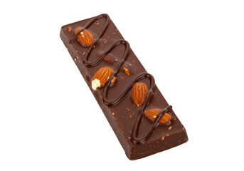 Delicious chocolate bar with almonds and chocolate drizzle isolated on transparent background, sweet treat for dessert and snack