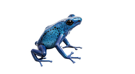 Bright blue poison dart frog isolated on transparent PNG, exotic amphibian with black spots for wildlife and nature designs