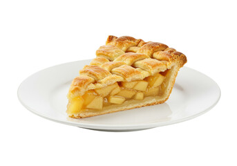 Delicious slice of apple pie isolated on a plate, classic dessert with lattice crust for Thanksgiving and holiday baking
