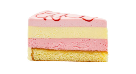 Slice of layered mousse cake isolated on white, delicious dessert with pink and yellow layers for patisserie and sweet treat concepts