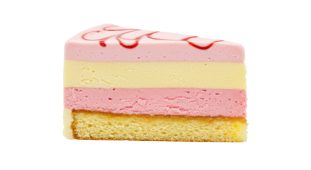 Slice of layered mousse cake isolated on white, delicious dessert with pink and yellow layers for patisserie and sweet treat concepts