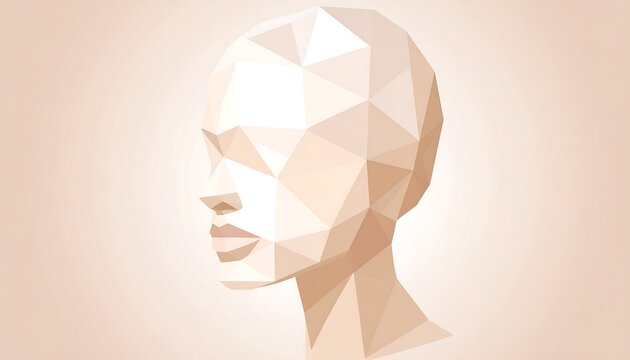 A minimalist depiction of a human face constructed from numerous geometric polygons, against a soft, gradient background