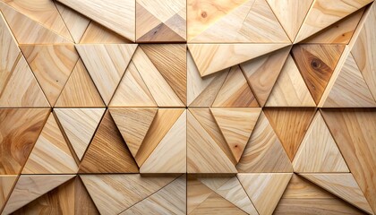 A detailed close-up of a geometrically constructed wall composed of various triangular wooden panels, showcasing textures and light play