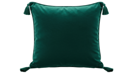 Emerald green velvet pillow with tassels isolated, decorative cushion for sofa or bed PNG