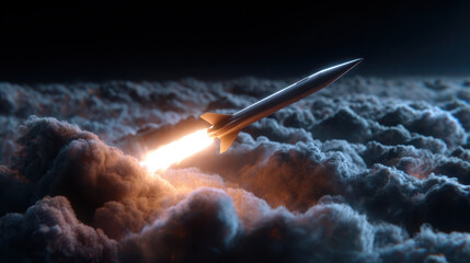 Rocket flight clouds night sky fire launch aerospace speed technology space propulsion smoke atmosphere vehicle futuristic