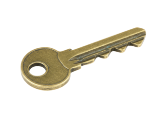 Antique brass key isolated on transparent background, vintage metal object for security and access, old-fashioned design