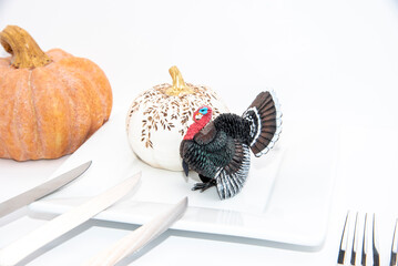 Thanksgiving theme with turkey figurine, knives and pumpkin