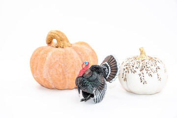 Thanksgiving theme with turkey figurine, knives and pumpkin