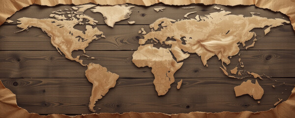Business corporate development growth background industry world map on wood texture with paper border creative design