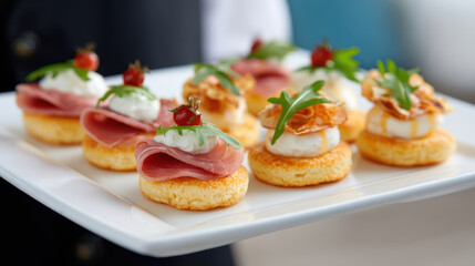 Mini savory appetizers with ham, cream cheese, cherry tomato, and fresh herbs served on white platter, elegant party food