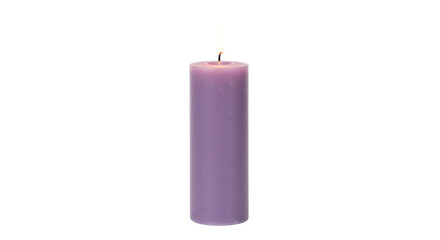 Burning lavender pillar candle isolated, wax object for home decor and aromatherapy on a clean background
