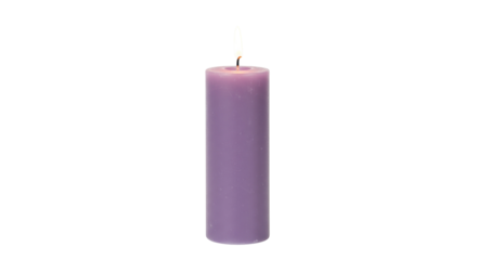 Burning lavender pillar candle isolated, wax object for home decor and aromatherapy on a clean background