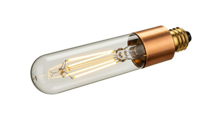 Vintage style tubular light bulb isolated, Edison filament lamp with copper base for retro decor and atmospheric lighting PNG
