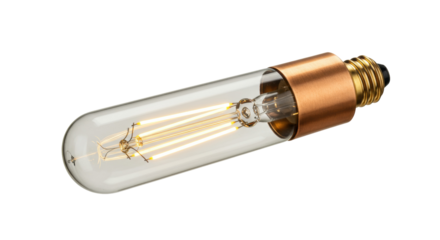 Vintage style tubular light bulb isolated, Edison filament lamp with copper base for retro decor and atmospheric lighting PNG