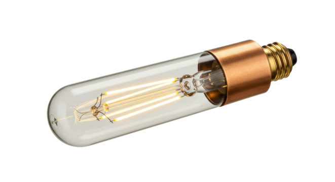 Vintage style tubular light bulb isolated, Edison filament lamp with copper base for retro decor and atmospheric lighting PNG