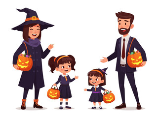 Family Halloween Fun: A family, dressed in festive Halloween costumes, joyfully trick-or-treats with a jack-o'-lantern pail in hand, celebrating a playful holiday ritual.