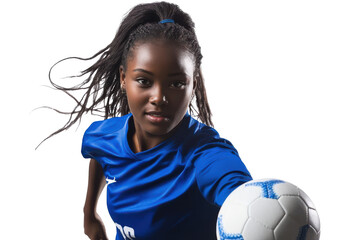 Young african american woman playing basketball isolated on transparent background. Young black female athlete in a blue jersey controlling the ball isolated on white background.