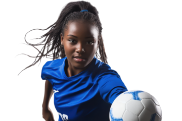 Young african american woman playing basketball isolated on transparent background. Young black female athlete in a blue jersey controlling the ball isolated on white background.
