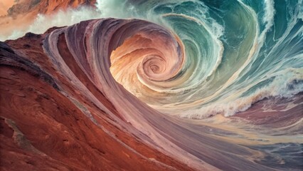 Obraz premium A stunning swirl of ocean waves crashing against vibrant rock formations, showcasing the beauty of nature's power and artistry.