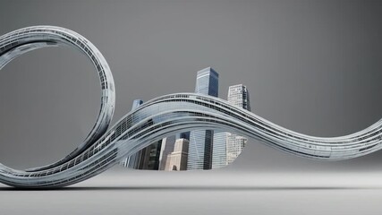 Cityscape Abstract Digital Art with Geometric Buildings and Flowing Cubic Structures on Grey Background in Slow Motion