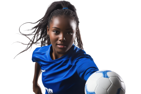 Young african american woman playing basketball isolated on transparent background. Young black female athlete in a blue jersey controlling the ball isolated on white background.