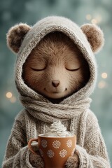 Cute teddy bear in knitted hoodie holding a festive mug with whipped cream, cozy winter theme, ideal for Christmas cards, seasonal kids illustrations, holiday merchandise, warm drink ads