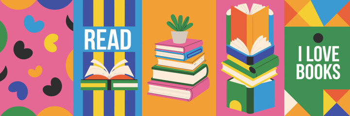 A vibrant and colorful representation of books and reading elements, emphasizing literacy and the joy of reading through engaging visuals and playful design.