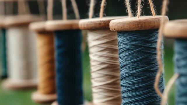 Spools of colorful thread hanging in a row close up