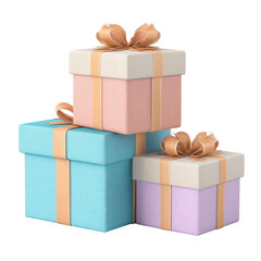 Obraz premium Stack of three colorful gift boxes with ribbons isolated on transparent background