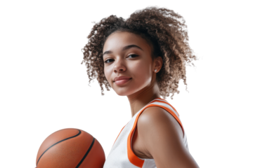 Young female basketball player holding ball isolated on transparent background. Young pretty female basketball player in white and orange uniform holding a ball isolated on white background.