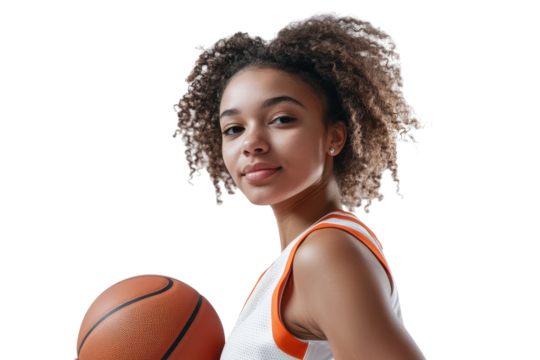 Young female basketball player holding ball isolated on transparent background. Young pretty female basketball player in white and orange uniform holding a ball isolated on white background.