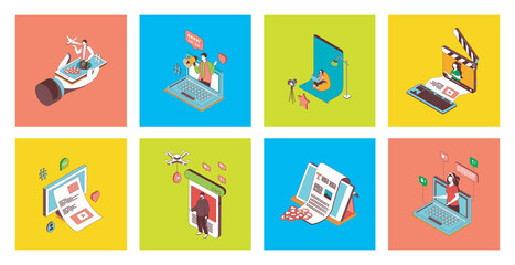 Blogging concept of 3d isometric icons set. Pack with creating video content, making new posts in social media, writing articles, connecting with audience, attracting followers. Vector illustration.