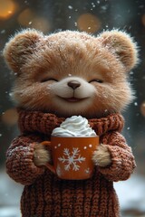 Happy teddy bear in thick cozy sweater holding orange festive mug with whipped cream, snowy winter setting, perfect for Christmas cards, children illustrations, holiday merchandise, seasonal ads
