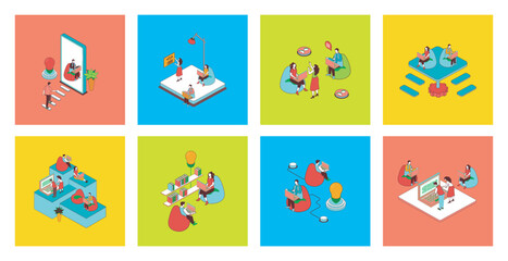 Coworking concept of 3d isometric icons set. Pack with employees work in office space, coworkers doing tasks at workspace in workplace rooms, freelancers at startup teamwork. Vector illustration.