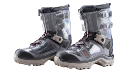 Pair of rugged grey and white hiking boots isolated on transparent background