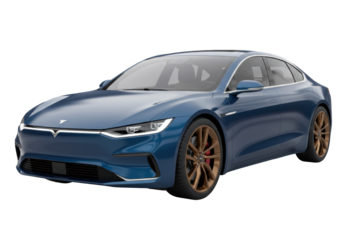 Blue electric car isolated on transparent background, modern sedan with bronze wheels for sustainable transportation