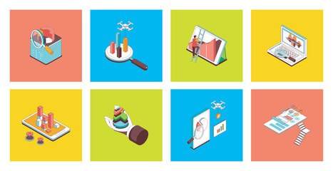 Data analysis concept of 3d isometric icons set. Pack with statistics research, bar charts, marketing report with diagram and graph, database computing, analytics and statistics. Vector illustration.