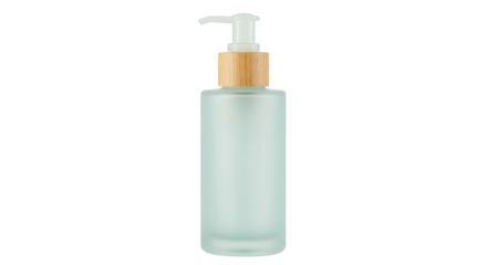 Frosted light green glass bottle with wooden pump isolated, cosmetic container for lotion or soap on transparent background