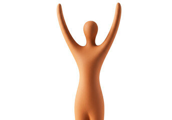 Fototapeta premium Abstract terracotta figure with arms raised isolated on transparent background, minimalist sculpture for modern art and design