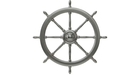 Silver ship wheel isolated on transparent background, nautical steering equipment for boats and yachts PNG