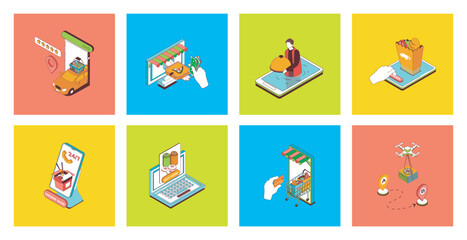 Food delivery concept of 3d isometric icons set. Pack with ordering online pizza or grocery menu, fast courier shipping service, eatery meals distribution, package transportation. Vector illustration.