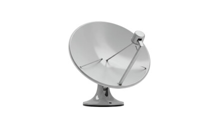 Silver satellite dish isolated on transparent background, communication technology for television and internet signal reception PNG