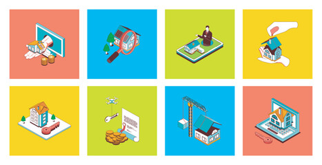 Real estate concept of 3d isometric icons set. Pack with searching new home, buying property with realtor agency, rents apartment, building houses business, mortgage for customer. Vector illustration.